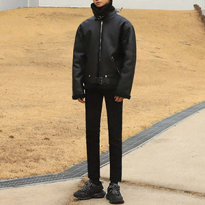 ボア レザージャケット アウター ジャケット 韓国 エコレザー 冬 メンズ  ブラック